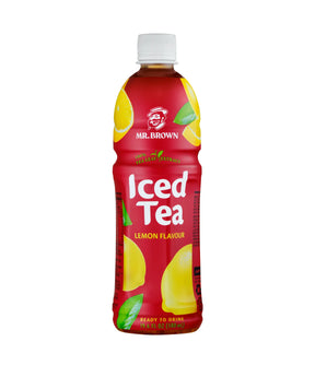 A bottle of Mr. Brown Iced Tea Lemon Flavour, 580 ml, featuring a bright red label with illustrations of yellow lemons and green leaves, on a solid white background.