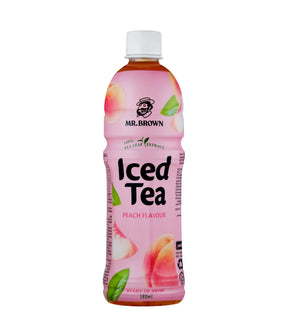 A 580ml bottle of Mr. Brown Iced Tea Peach Flavour, featuring a pink label with peach illustrations and a white cap, isolated on a white background.