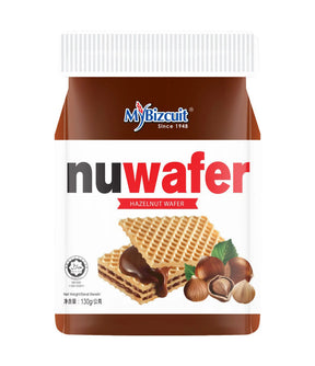 Packaging of MyBizcuit NuWafer Hazelnut Wafer showing the product name, weight of 130g, and images of the wafer with hazelnuts and chocolate.
