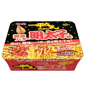 Packaged instant yakisoba noodles with mentaiko flavor, product of Japan, displayed against a white background