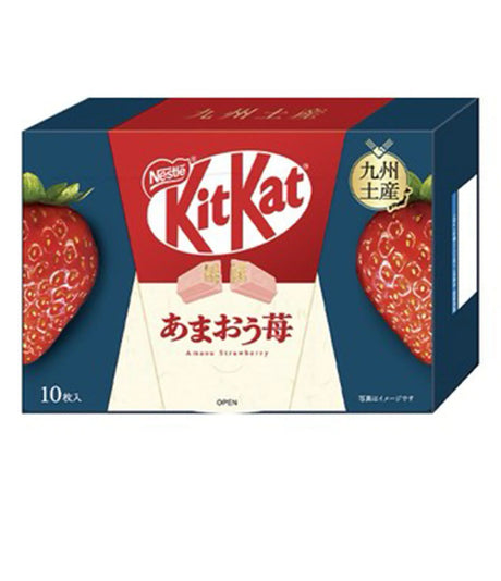 KitKat strawberry flavor packaging with red and blue design on a white background