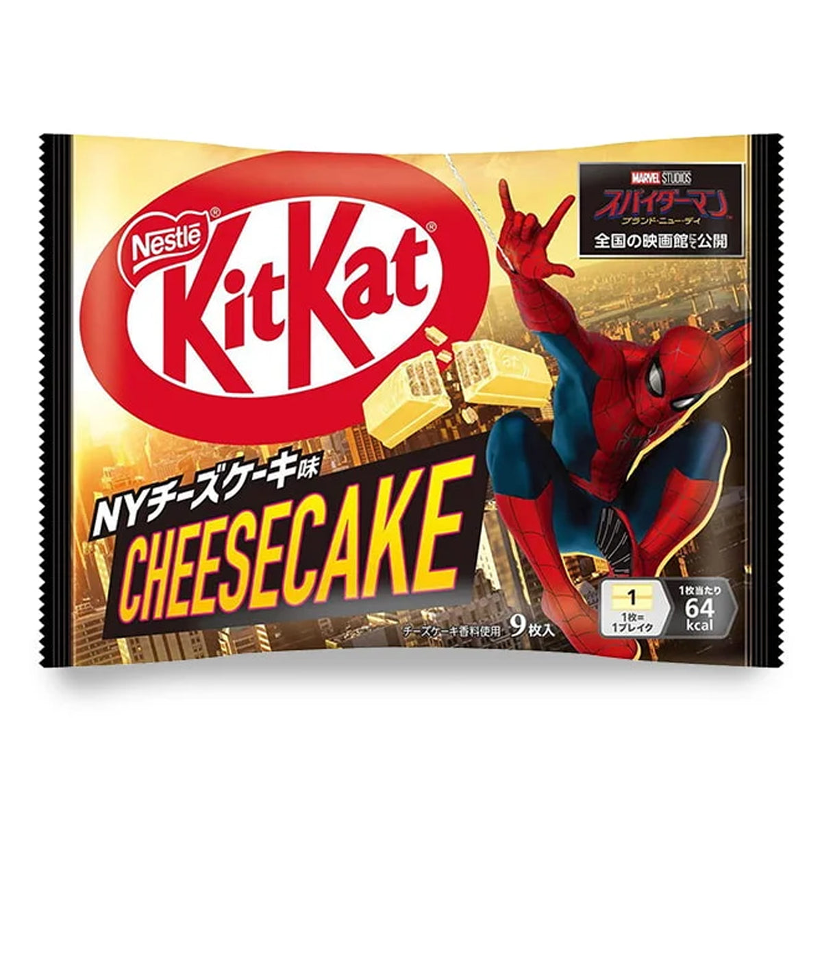 Nestle KitKat Cheesecake flavor snack packaging featuring Spider-Man on a cityscape background, with large red and yellow KitKat branding and Japanese text.