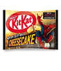 Nestle KitKat Cheesecake flavor snack packaging featuring Spider-Man on a cityscape background, with large red and yellow KitKat branding and Japanese text.