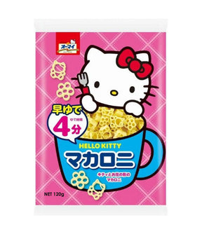 A package of Nippn Hello Kitty Macaroni featuring Hello Kitty sitting in a cup with macaroni noodles, against a pink background.