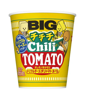 Cup of chili tomato instant noodles with cartoon characters on a yellow background