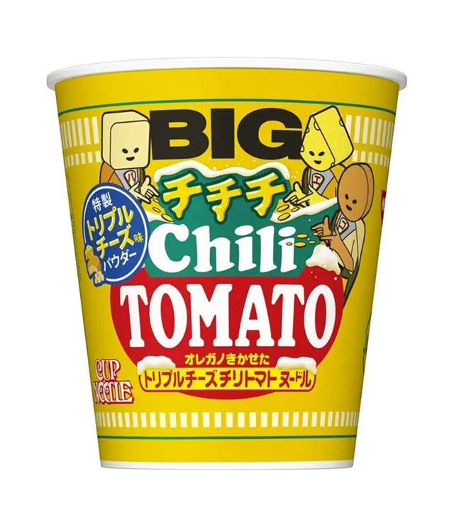 Cup of chili tomato instant noodles with cartoon characters on a yellow background