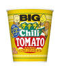 Cup of chili tomato instant noodles with cartoon characters on a yellow background