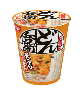A cup of Japanese instant ramen noodles with a bright orange label featuring white noodles and a chicken and broccoli topping, on a plain white background.