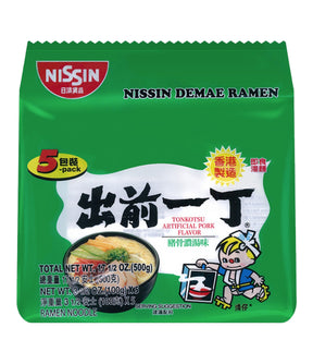 Packaging for Nissin Instant Noodles with Tonkotsu Flavour, showing the brand logo, product name, and an image of a bowl of noodles.