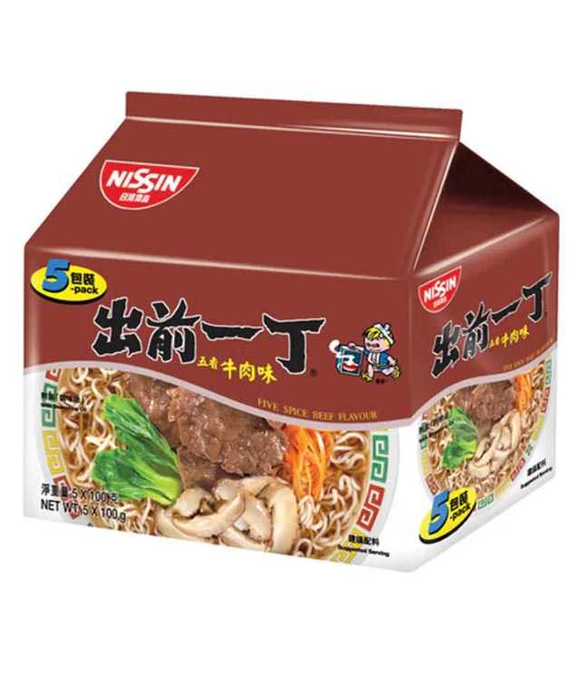 Box of Nissin instant noodles in Beef Flavour, showing the product packaging with images of the noodles and beef, indicating it is a product of Hong Kong.