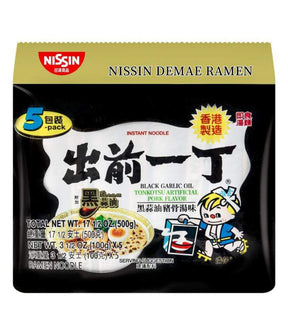 Packaging for Nissin Instant Noodles with Black Garlic Oil Tonkotsu Flavour. The package is predominantly black with white and yellow text and graphics, indicating the product is a 5x100g pack.