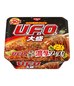 Packaging for Nissin U.F.O. Yakisoba Instant Fried Noodles featuring product branding and images of the noodles.