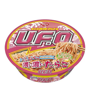 Cup of Nissin UFO Noodle with pink and white packaging