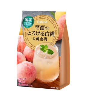 A bag of Japanese peach melty tea featuring white and gold peaches, with a graphic of a peach drink in a glass on the front, set against a plain white background.