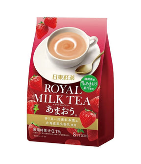 Packaging of Nittoh Royal Milk Tea Strawberry flavor, showing a cup of milk tea and strawberries.