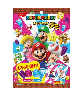 Nintendo Super Mario Gummy candy packaging in Japanese, featuring colorful illustrations of Mario, Luigi, Princess Peach, Bowser, Toad, and other Super Mario characters on a bright pink and blue background with brick borders.