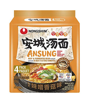 Packaging for Nongshim Ansung Noodle Soup, featuring beef and fermented bean flavors. The package is orange with product information in English and Korean, and shows an image of the noodles.