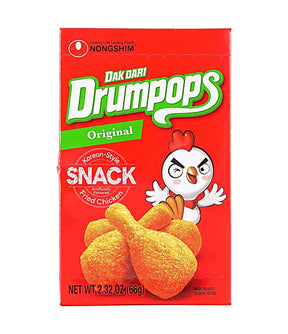 A red box of Nongshim Dak Dari Drumpops Original Korean Style Fried Chicken snack, featuring the brand logo, a cartoon chicken character, and illustrations of the golden-brown fried chicken pieces.