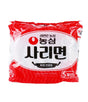 Red and white package of Nong Shim Sarimyeon with Korean text on a white background