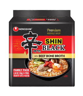 Packaging for Nongshim Shin Black Beef Bone Broth Ramen, showing the product name, image of the noodles with beef, and family pack indication.