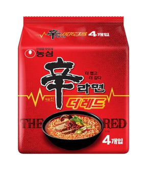 Packaging for Nongshim Shin Ramyun Red Fiery Spicy Beef instant noodles, showing a bowl of spicy noodles and the text indicating it is a product of Korea.