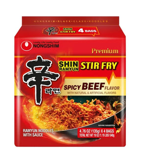 Packaging for Nongshim Shin Ramyun Stir Fry Spicy Beef, showing the product name, image of the noodles with sauce, and indication that it is a premium product.