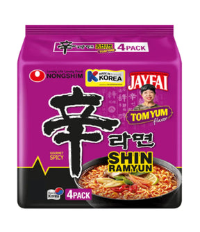 Packaging of Jayfai Shin Ramyun with Nongshim logo on a purple background