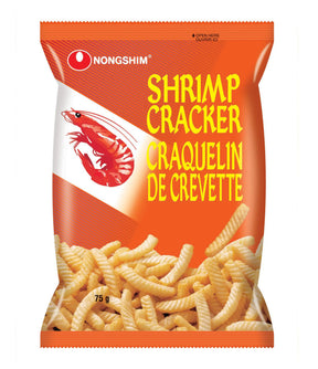 A package of Nongshim Shrimp Cracker 75g, displaying the product name and an image of the crackers. The packaging is primarily orange with a white section showing the shrimp crackers.