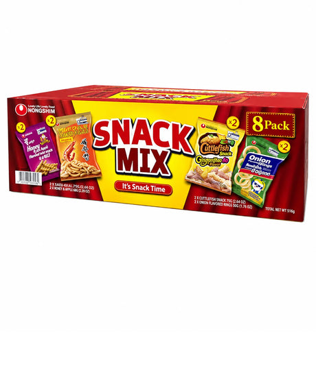 A 8-pack box of Nongshim Snack Mix featuring various Korean snacks, shown on a plain white background.