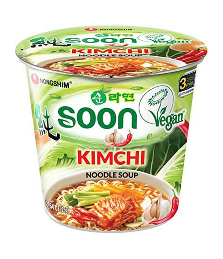 A cup of Nongshim Soon Kimchi Noodle Soup, with packaging indicating it is vegan.