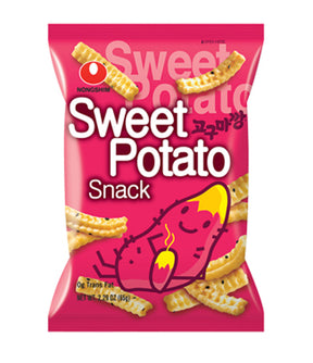 A package of Nongshim Sweet Potato Snack featuring an illustration of a smiling sweet potato character, with the product visible through a clear window.
