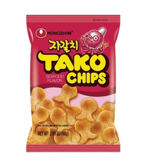 A package of Nongshim Tako Chips with seafood flavor, showing the product name, an illustration of a character, and the chips inside the package.