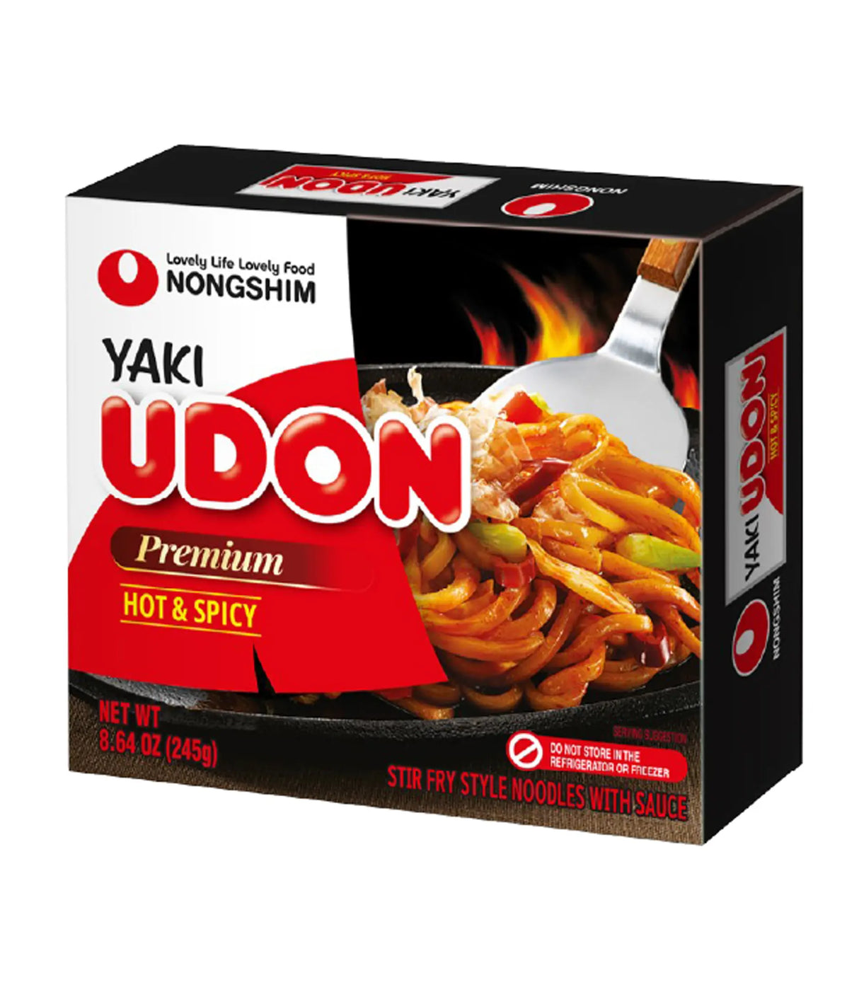 Box of Nongshim Yaki Udon Hot & Spicy noodles on a white background