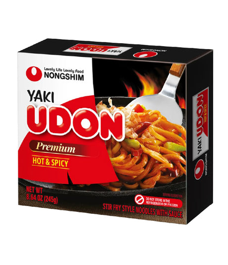 Box of Nongshim Yaki Udon Hot & Spicy noodles on a white background