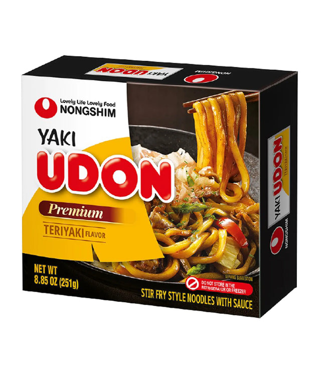Nongshim Yaki Udon Teriyaki flavor noodle package on a white background