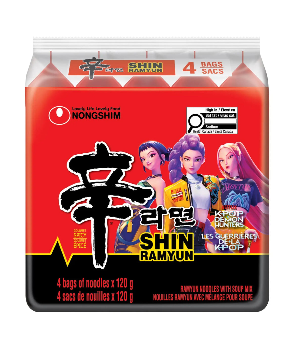 Nongshim Shin Ramyun packaging with four characters on a red background