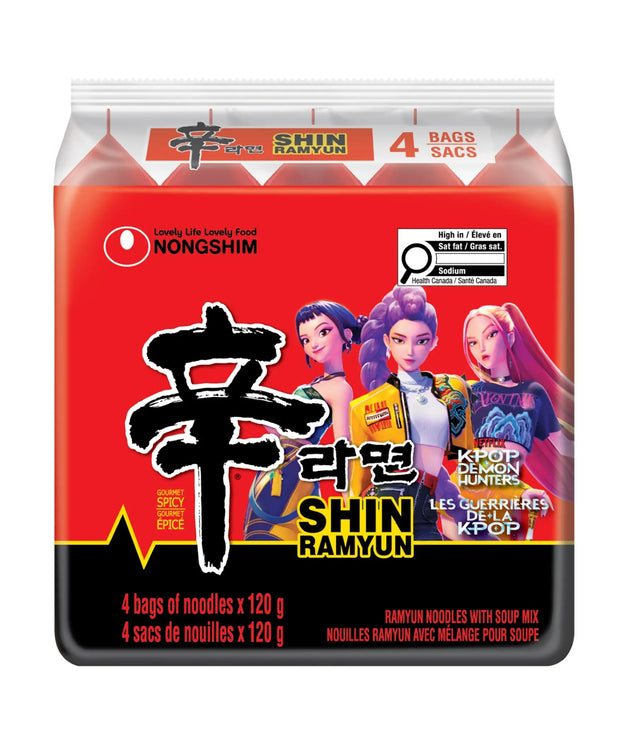 Nongshim Shin Ramyun packaging with four characters on a red background