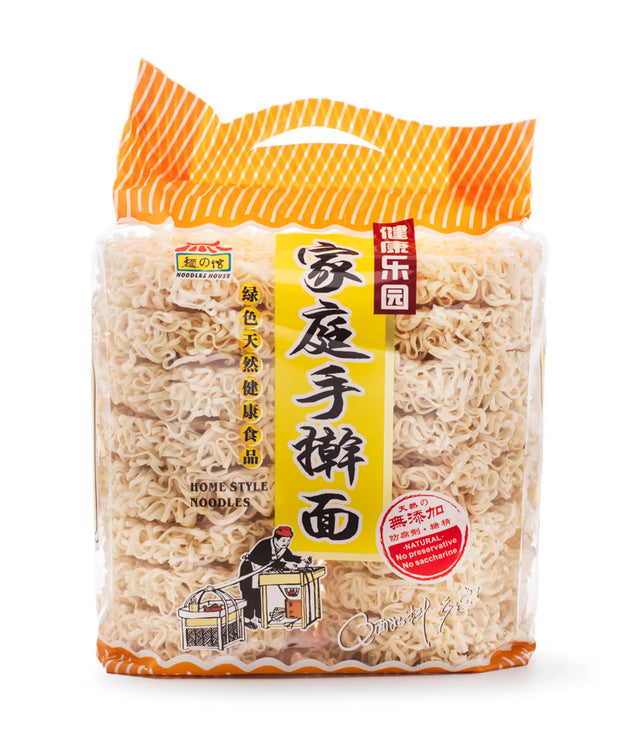 A package of Chinese home-style dried noodles in a clear plastic bag with an orange and white striped top handle, yellow label, and illustrations on a white background.
