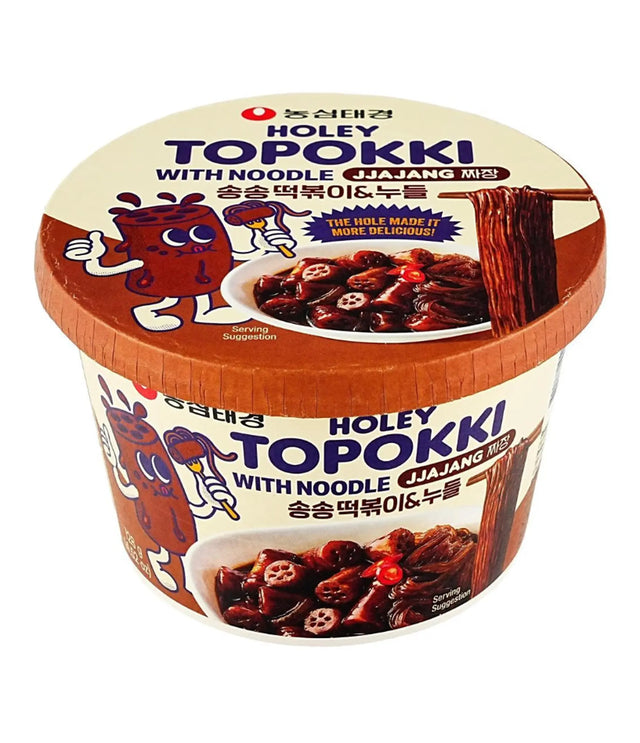 Cup of Holey Topokki with Noodle Jjajang on a white background