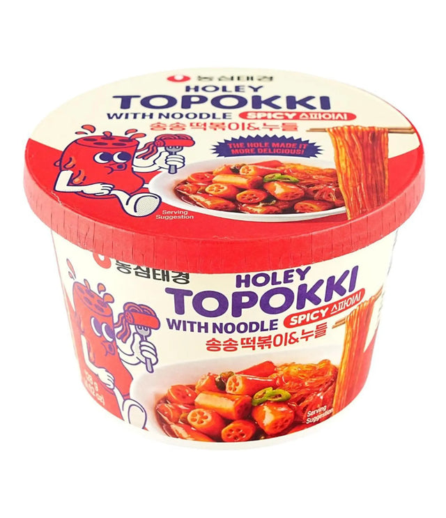 Holey Topokki with Noodle Spicy flavor packaging on a white background