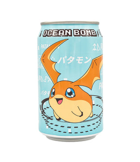 A can of Ocean Bomb sparkling water with a lemon flavor, featuring an illustration of a character from the Digimon series.
