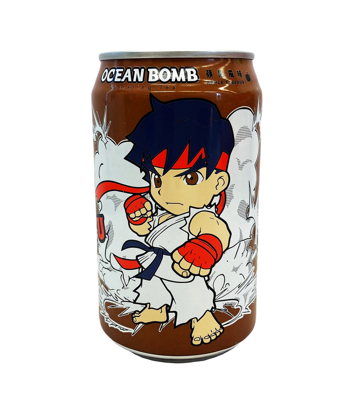 A can of Ocean Bomb sparkling tea featuring a illustration of a character in a fighting stance, predominantly brown in color.