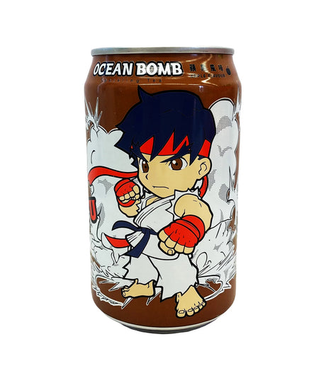 A can of Ocean Bomb sparkling tea featuring a illustration of a character in a fighting stance, predominantly brown in color.