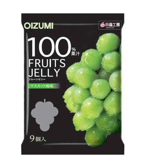 Oizumi 100% Fruits Jelly in Mascot flavor, featuring a black package with a large green grape graphic and white text.