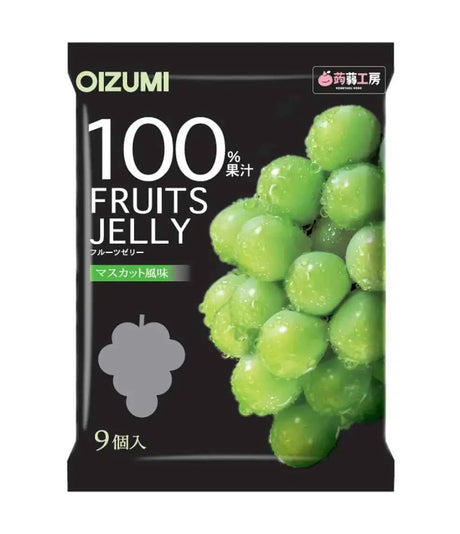 Oizumi 100% Fruits Jelly in Mascot flavor, featuring a black package with a large green grape graphic and white text.