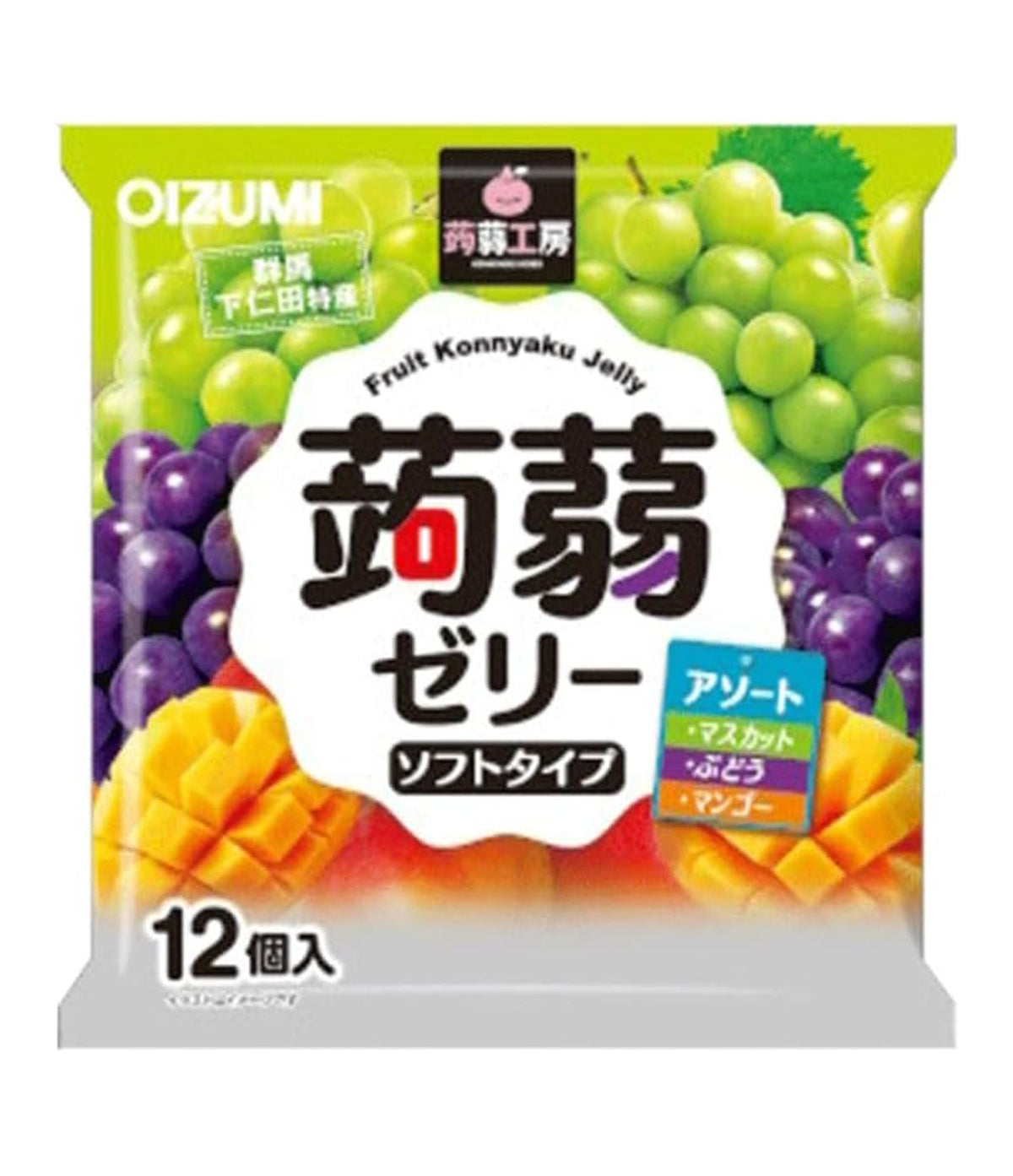 Oizumi Fruit Konnyaku Jelly Soft Type pack containing 12 pieces, featuring illustrations of green grapes, purple grapes, and mango slices on a white and green background.