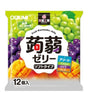 Oizumi Fruit Konnyaku Jelly Soft Type pack containing 12 pieces, featuring illustrations of green grapes, purple grapes, and mango slices on a white and green background.