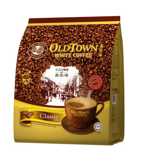 A package of Old Town Classic 3-in-1 White Coffee with coffee beans and a cup of coffee depicted on the front.