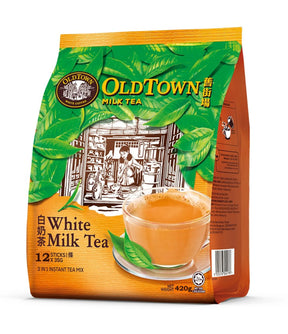 Old Town White Milk Tea package with tea cup and leaves on a white background