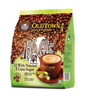 Old Town White Coffee package with coffee beans and a cup of coffee on a white background